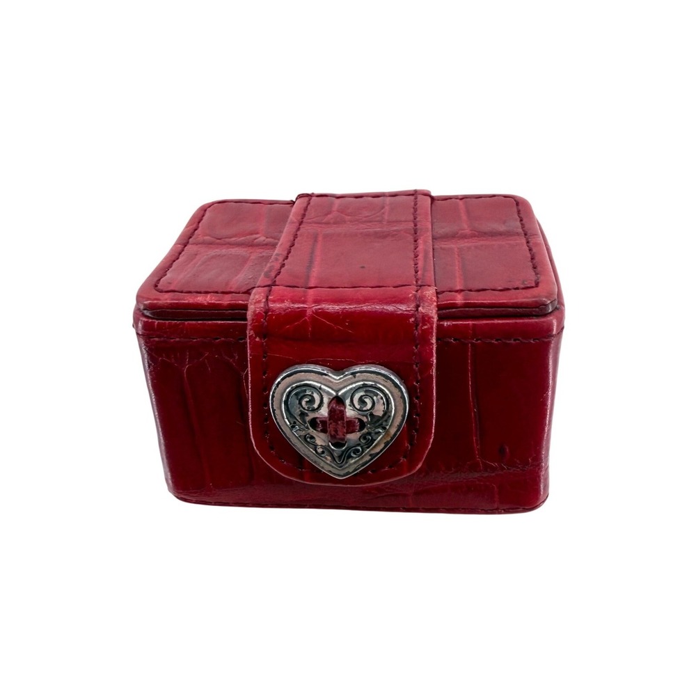 Brighton Red Croc Embossed Leather Jewelry Pill Box Silver Heart Snap Case